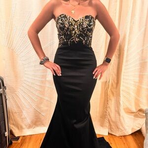 Vintage Bustier Prom Embellished Diamond Black/ Gold Gown
